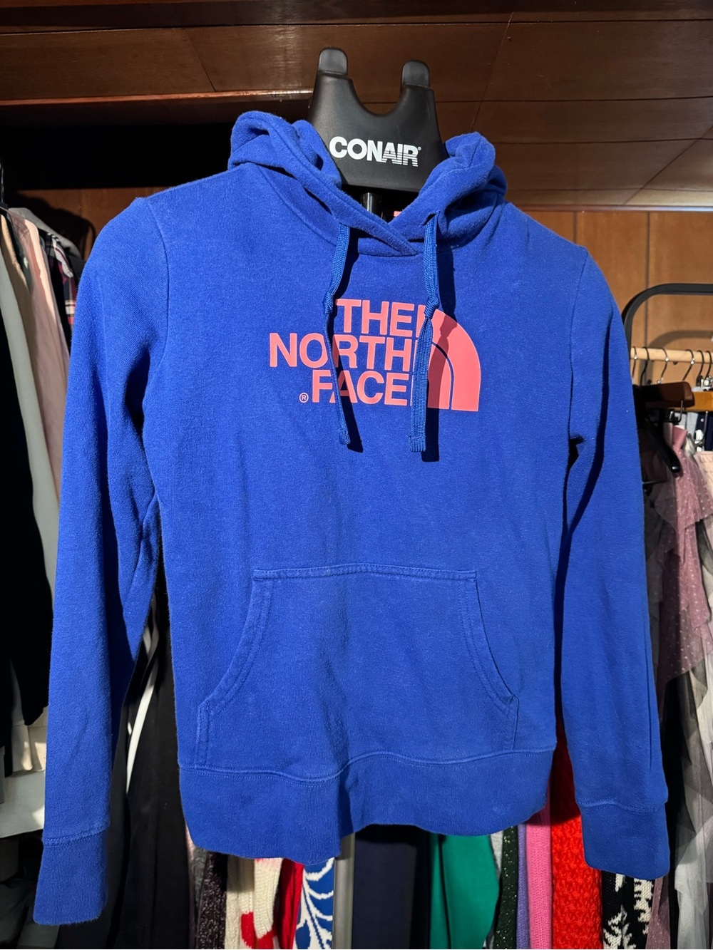 The North Face Women’s Blue Crewneck Hoodie with Pink Logo
